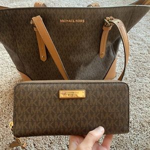 Michael Kors monogram tote and wallet